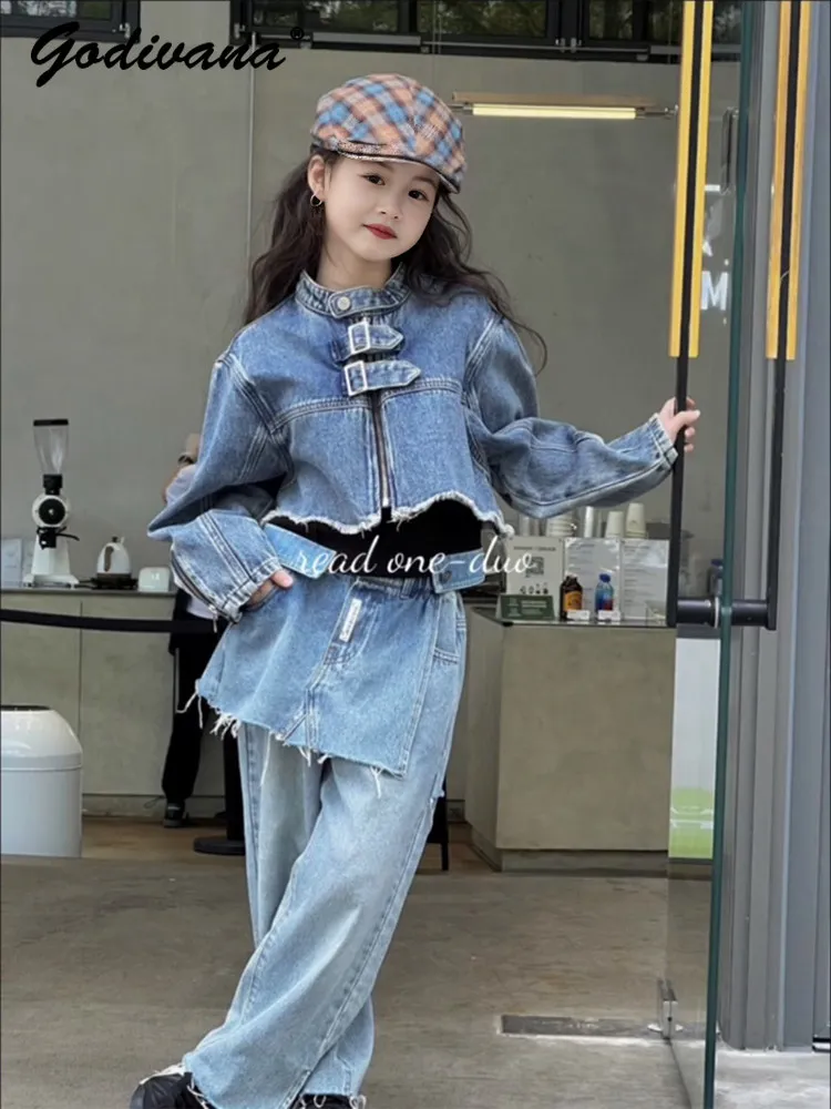 Teens Girls 2026 New Autumn Vintage Denim 2pcs Set Medium and Older Childrens Stand Collar Raw Hem Jacket and Wide Leg Pants