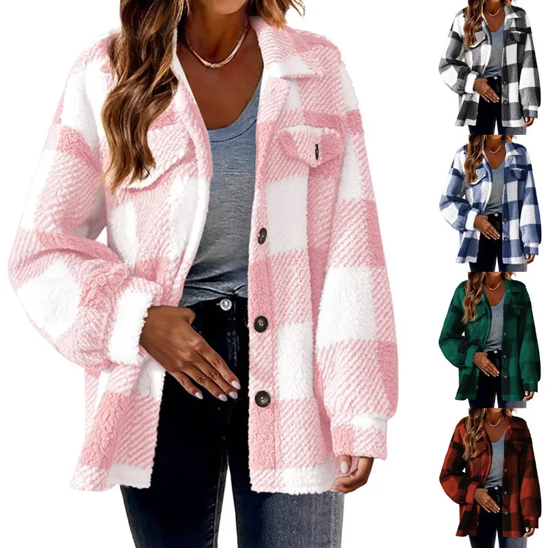 Chaqueta de lana de cordero a cuadros para mujer, abrigo versátil y cómodo de felpa con botones, holgado e informal, con bolsillos, novedad de otoño e invierno, 2023