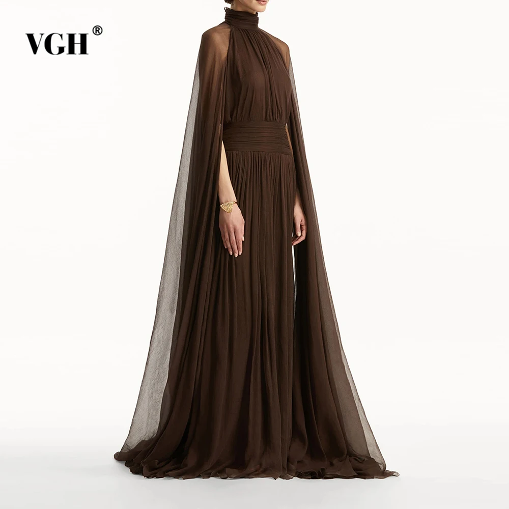 

VGH Slimming Solid Spliced Bowknot Dresses For Women Turtleneck Sleeveless High Waist Temperament Dress Female Fashion Style New