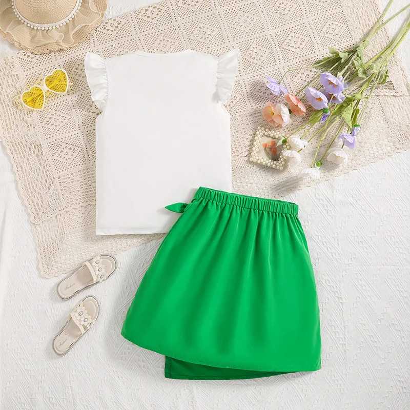 Girl Clothes Summer New Two Piece Set White Ruffled Rainbow Printed Sleeveless Top + Green Skirt Casual Vacation Cute Suits