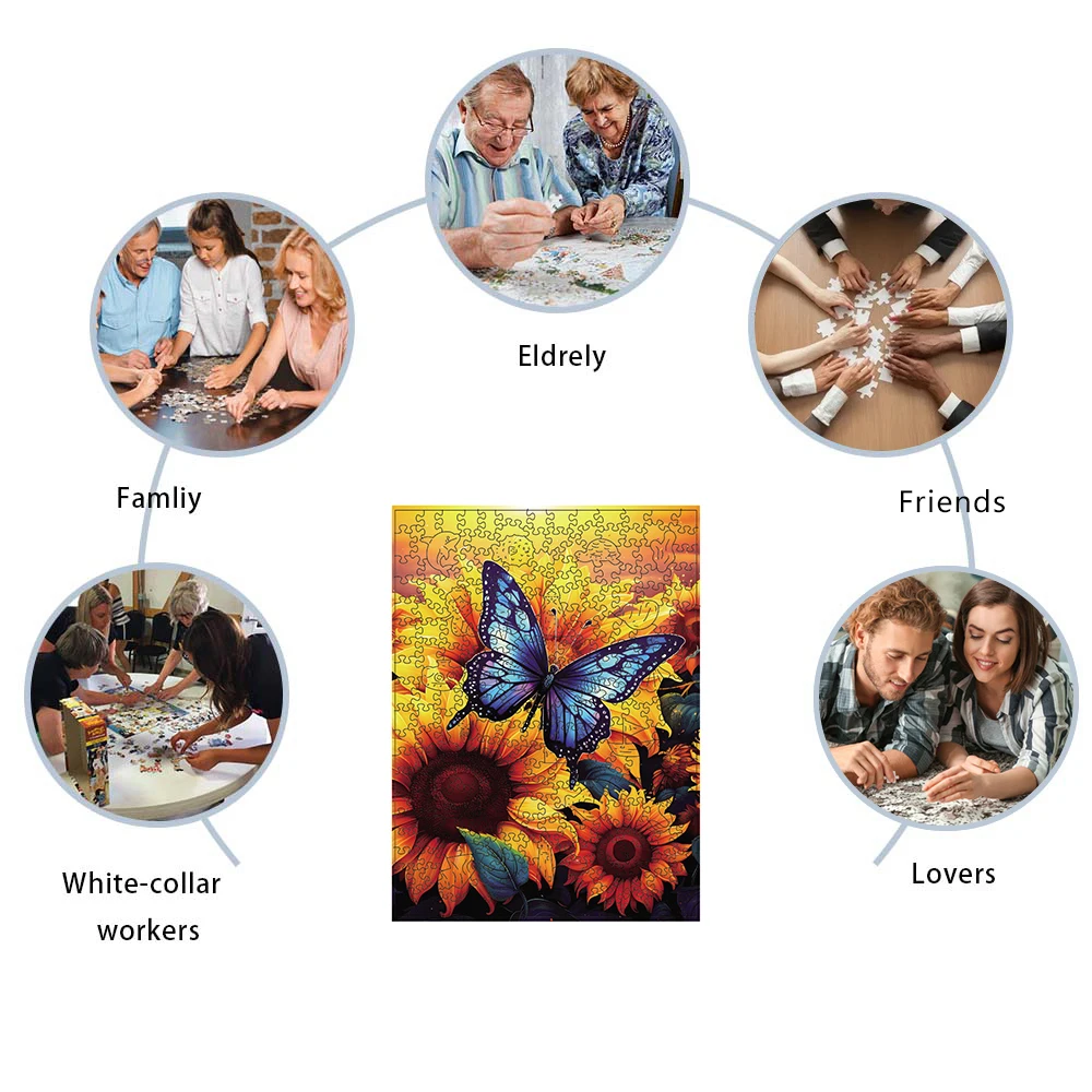 Rompecabezas de madera de mariposa de girasol, rompecabezas de madera de piezas de formas únicas para adultos, regalo de Navidad, juego familiar, decoración del hogar