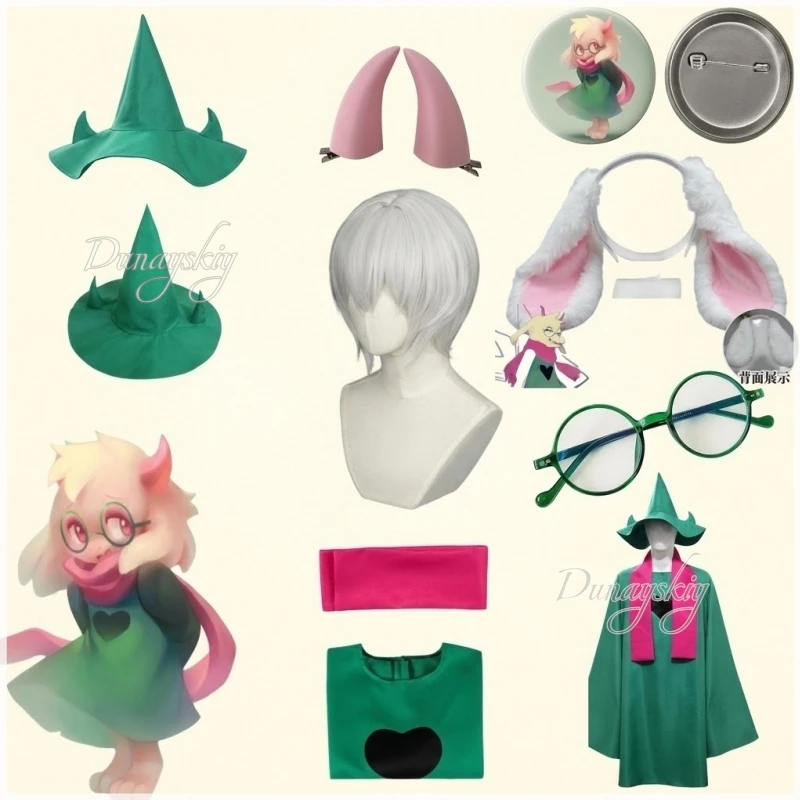 disfraz-completo-de-ralsei-principe-mago-de-deltarune-tunica-verde-orejas-gafas-cuerno-sombrero-puntas-puntiagudas-insignia-de-58mm-halloween