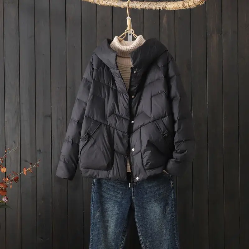 

Warm Du down Jaet Coat Loose Fit Hooded Winter New Sle Artistic White Du Feather Quilted Outerwear Women's Faion