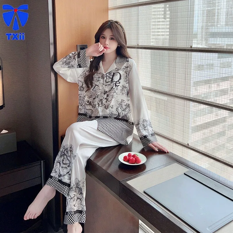 Ink Painting Pajamas Women\'s Spring Autumn 2024 New Ice Silk Long Sleeve Trousers Internet Popular Wind Autumn Home Clothes suit