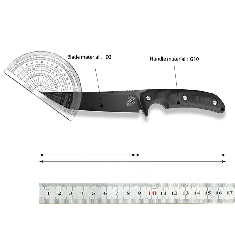 Outdoor straight knife, tactical hunting camping self-defense rescue multi-purpose EDC portable pocket knife G10 handle D2 blade