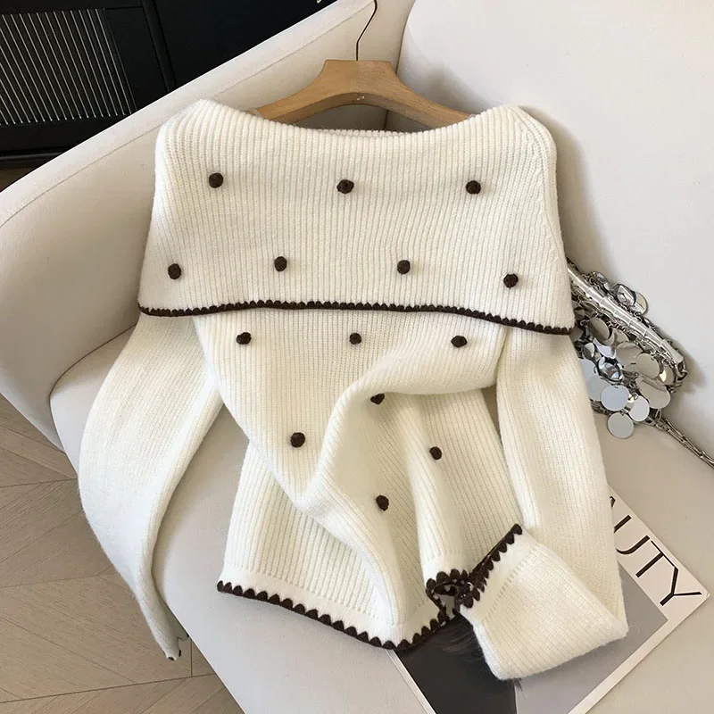 Maglione a pois Moda donna Sexy Slash Neck Pullover lavorato a maglia Coreano Elegante maglieria bianca Maglioni slim a maniche lunghe invernali