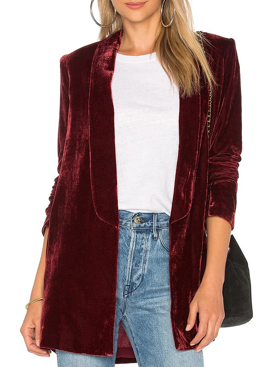 Blazer en Velours localité à Manches sulfpour Femme, Vêtement Décontracté, Couleur Unie, Ouvert Devant, Veste à Revers, Loisirs, Affaires, Cardigan, Manteau