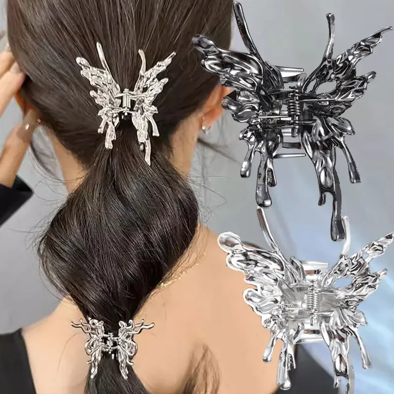 New Liquid Butterfly Hair Clip Metal Wind Silver Grab Clip Shark Clip Ladies Geometric Headband Retro Punk Hair Accessories