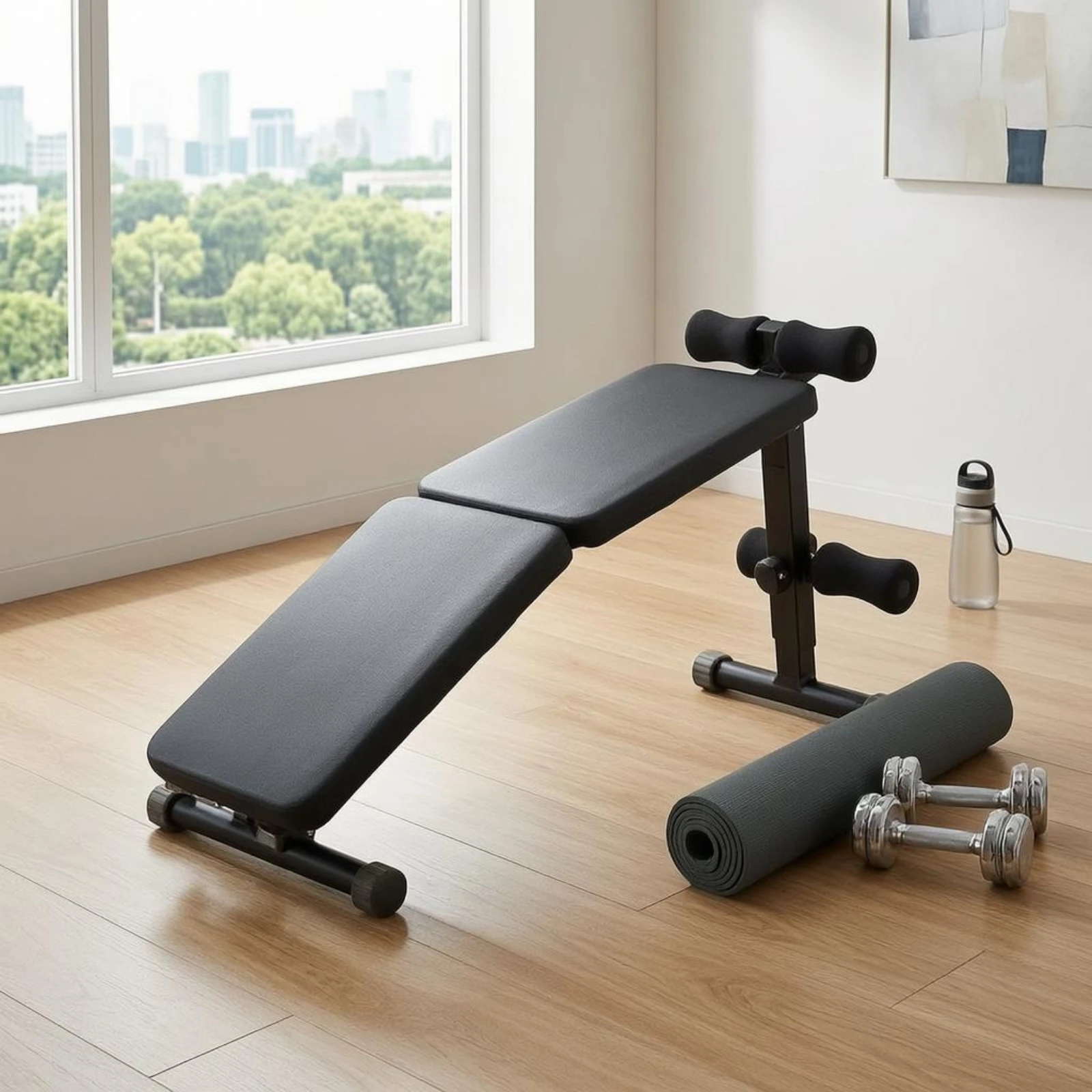 Banc de musculation inclinable rembourré pliable avec poignées en mousse noir