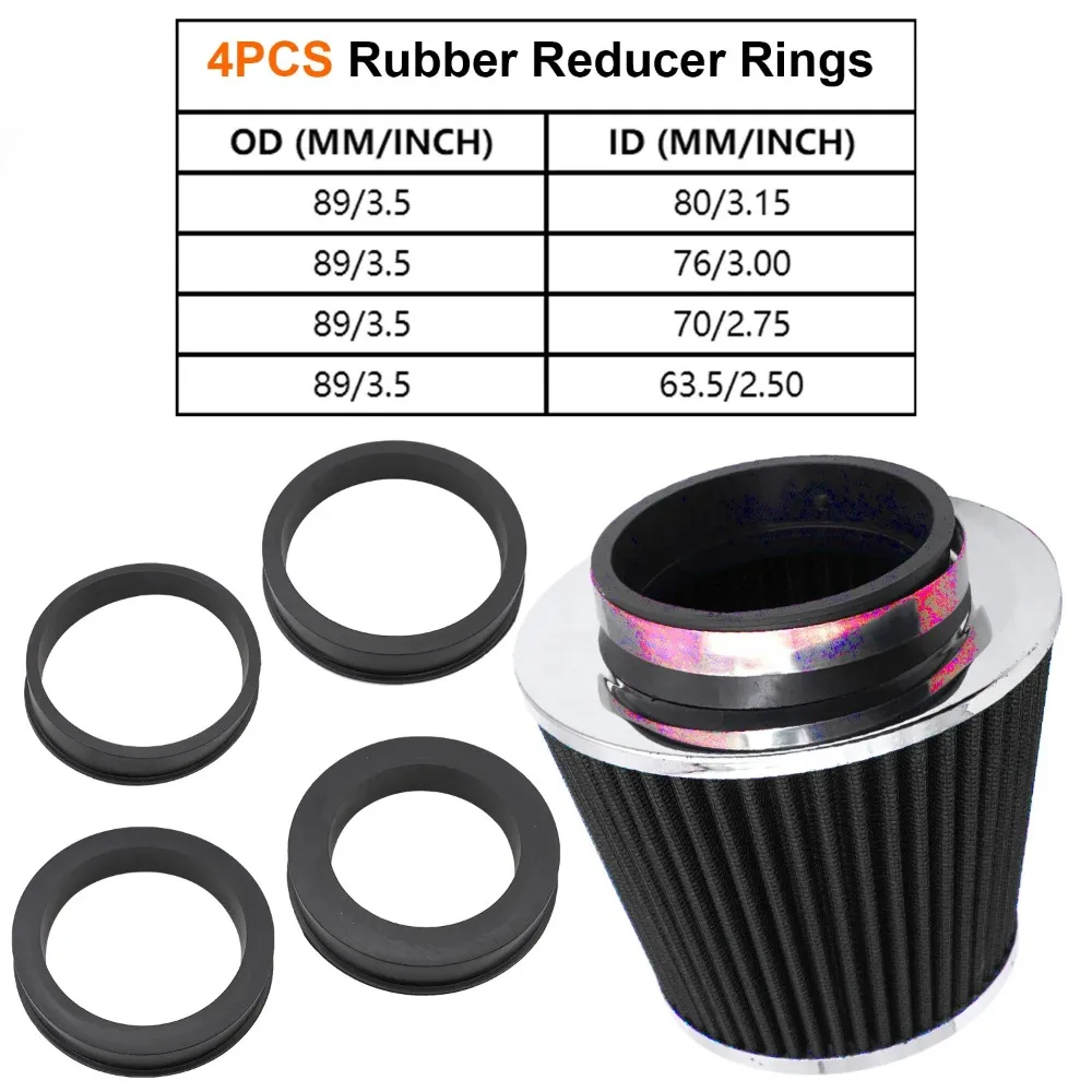 89mm Car Cold Air Intake Filter with 80 76 70 63mm Reducer Adapters Sport Racing Washable Universal High Flow Cone Air Filter