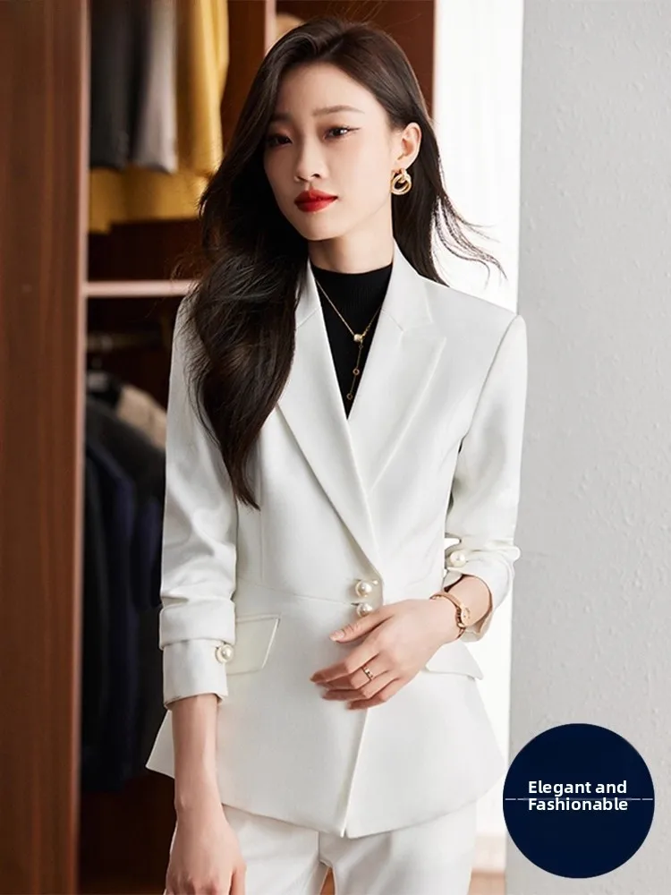 

Elegant White Women's Suit Jacket Autumn Winter New Arrival Professional Image Small Size Career Suit Set Commute Style