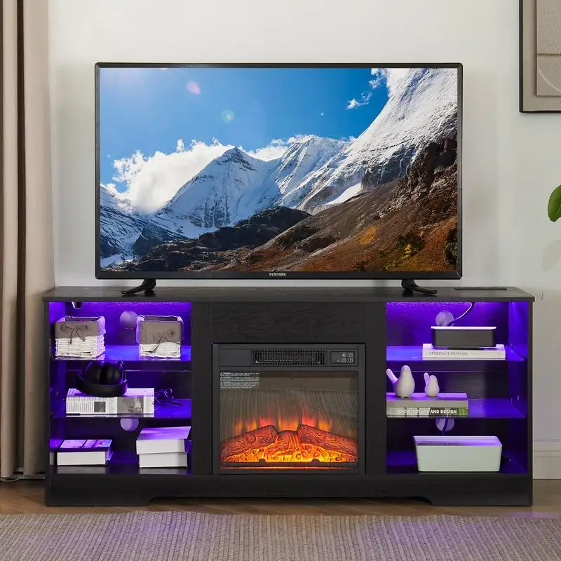 

Modern TV Stand Electric Fireplace with Glass Shelves, 3D LED Lights, Wood Finish, USB Charging Outlet, Fits TVs up to 62",