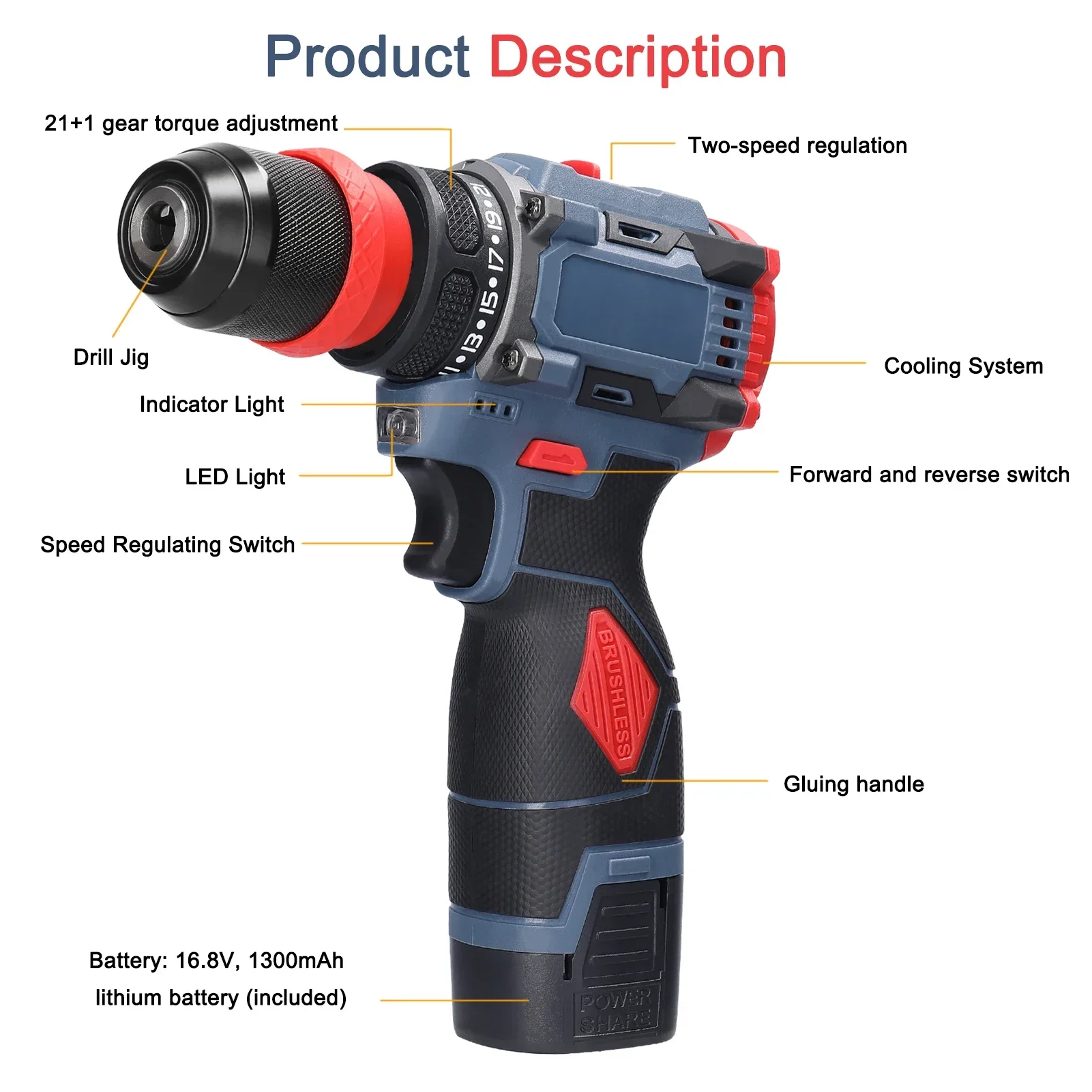 16.8V 2in1 Lithium Drill Electric Screwdriver Multi-function Power Tool 45Nm Torque Brushless Motor Practical Screw Driver