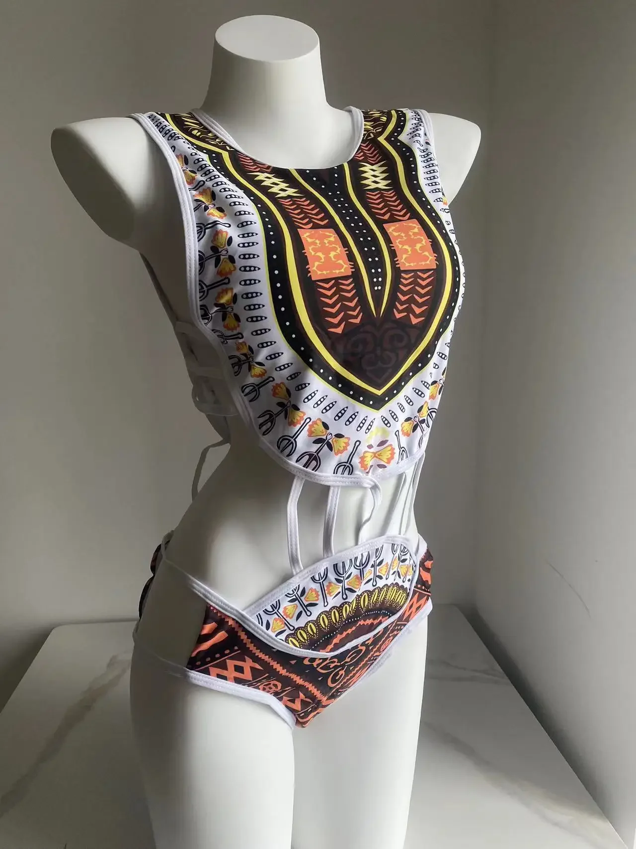 Hot Selling African Women Ethnic Fringe Design Swimwear One Piece Monokini Hollow Out Backless Swimsuit Yellow White Plus Size