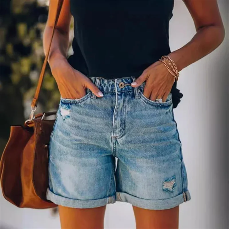 

Women Fashion Broken Holes Denim Shorts Summer Fold Over Trouser Legs Three Quarter Pants Female Casual Mini Straight Jeans
