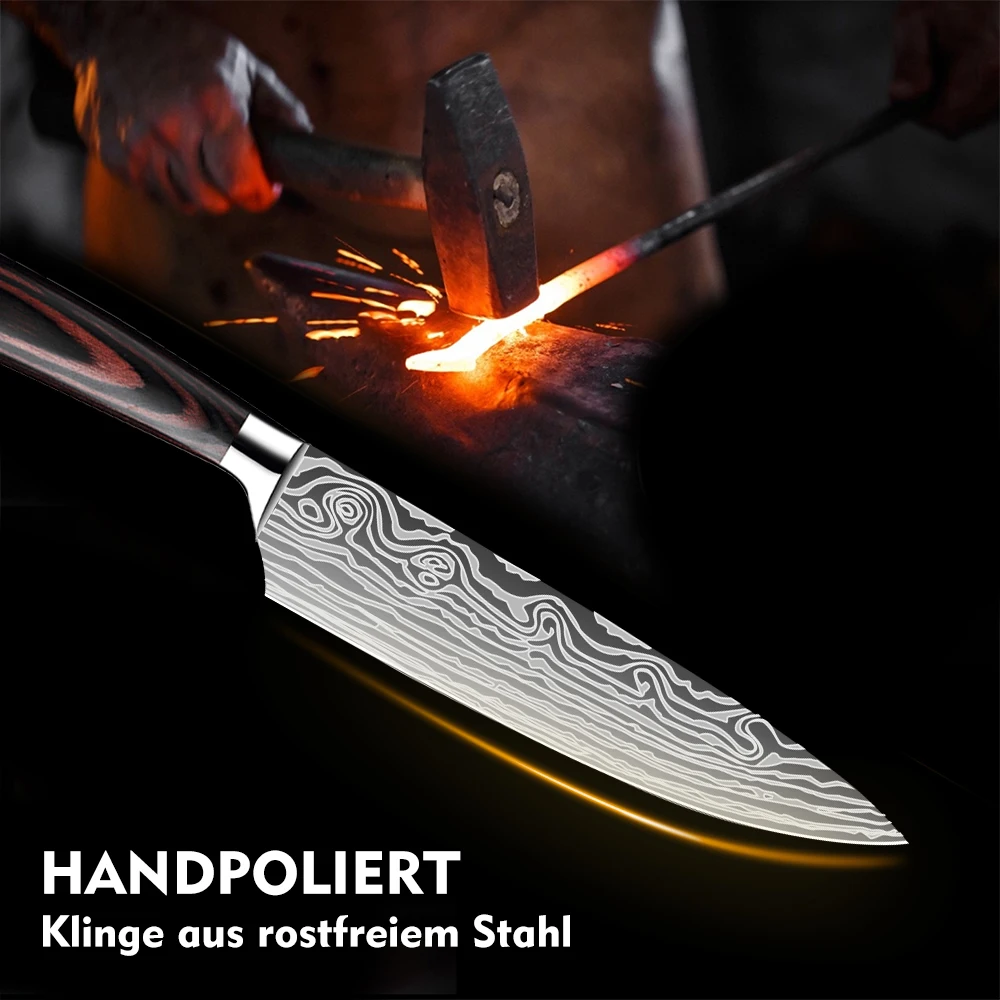 ZENG Küchenmesser-Set mit Lasermuster, Kochmesser, ultrascharfes Santoku-Schneidemesser, ergonomischer Holzgriff in Farbe, Kochmesser – Detail 6