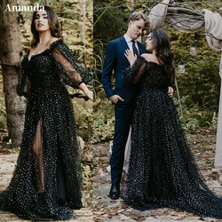 Amanda Sexy Side Split Tulle Party Dress Black Puffy Sleeve Robe De Soirée Shiny A-line Evening Dress Gothic Prom Dress 2023