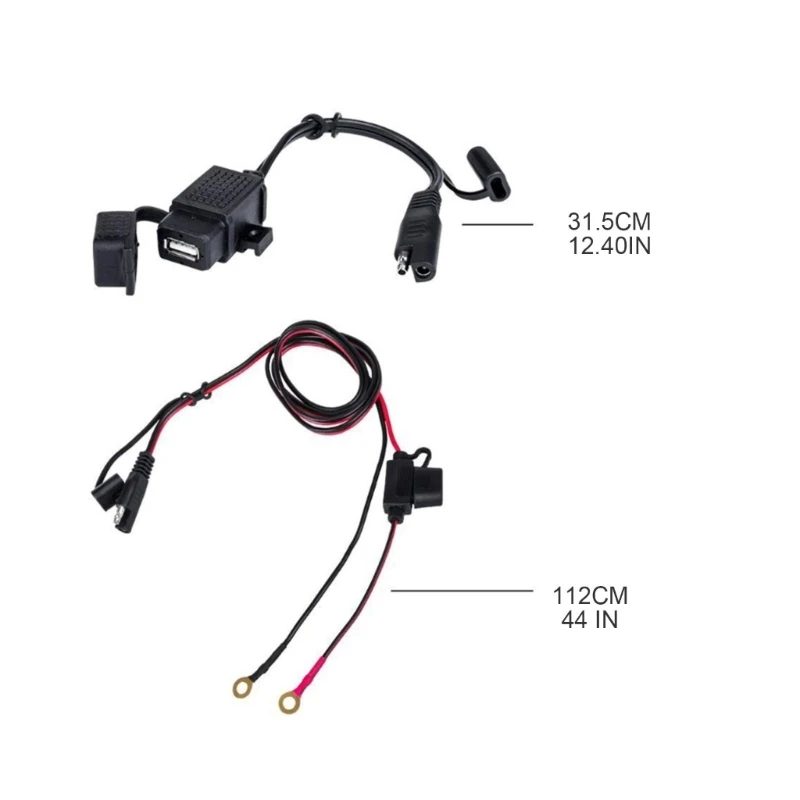 SAE to USB Cable Adaptor with Inline Fuse Motorcycle Waterproof Charger Quick 2.1A Fast Charging Port for Phone Tablets 12-24V