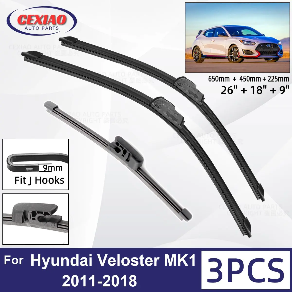 

For Hyundai Veloster MK1 2011-2018 Car Front Rear Wiper Blades Soft Rubber Windscreen Wipers Auto Windshield 26"+18"+9"2016 2017