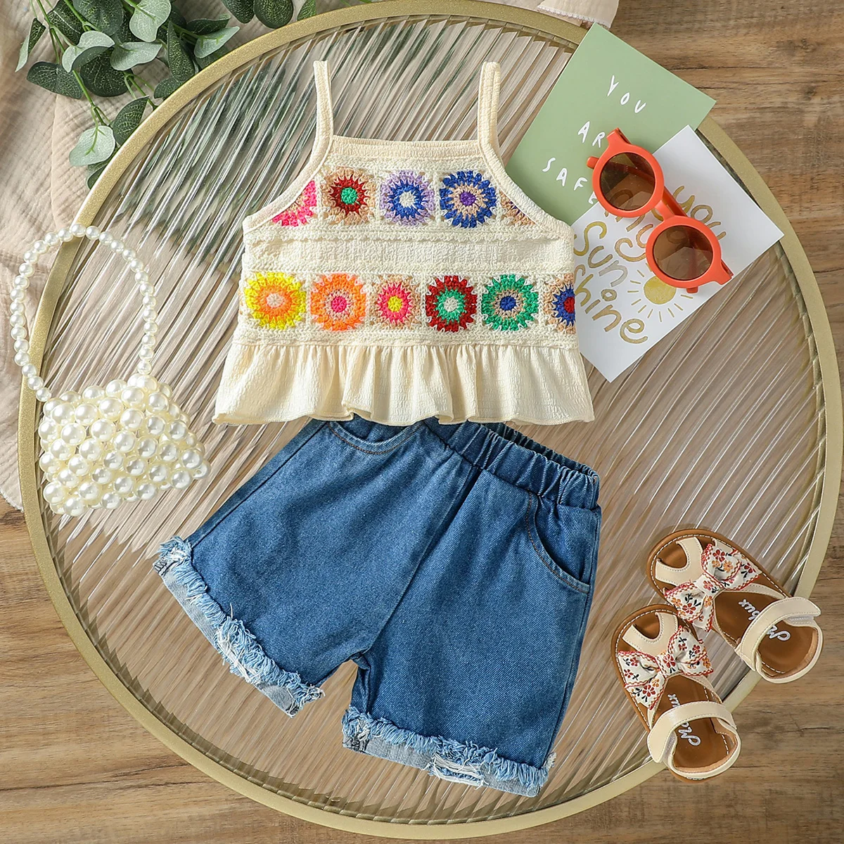 2Pcs Baby Girls Summer Sleeveless Printed Floral Camisole &Jeans For Outdoor Wear