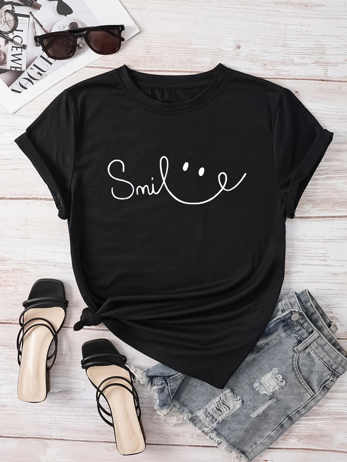 

Letter Print Crew Neck T-Shirt Casual Short Sleeve Top for Spring & Summer Women's Clothing