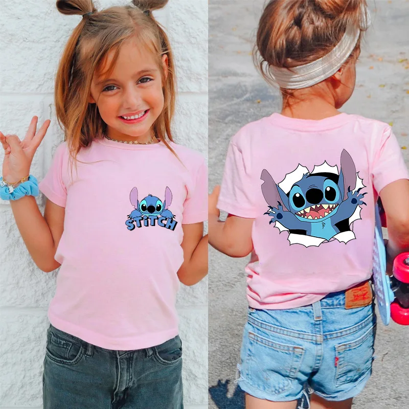 Kawaii ديزني ليلو غرزة الكرتون تي شيرت غرزة لطيف فتاة صبي الملابس بلوزات على الموضة القطن الحلو هدية قصيرة الأكمام ازياء