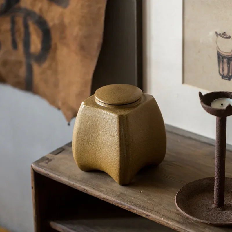Japanese Style Coarse Pottery Retro Tea Jar Household Ceramic Sealed Can Moisture-Proof Storage Jar Tea Storage Tea Box Tea Tin