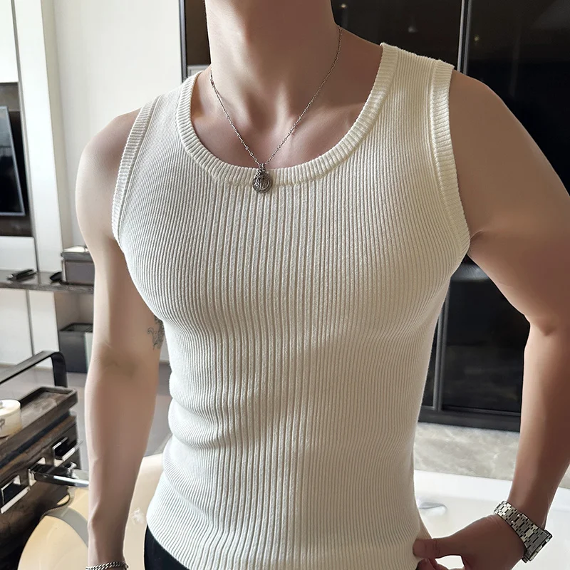 

Gym Clothing Men Vest High Elastic Sleeveless Striped T-Shirts For Men Round Collar Slim Fit Casual Knitted Tank Top All Match