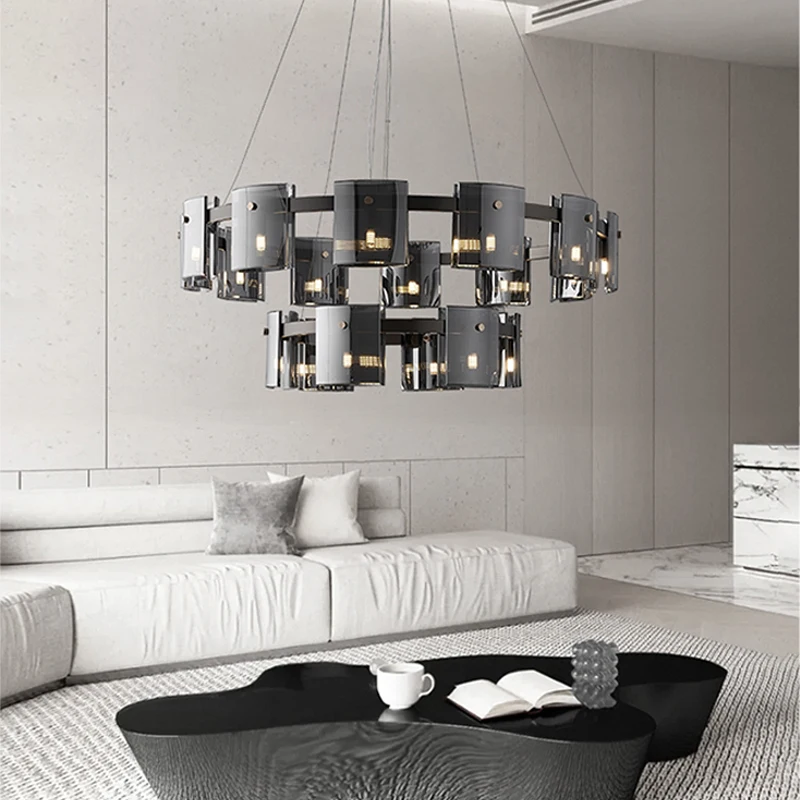 Nordic Simple Smokey Gray Glass piece Rectangle chandelier Lustres LED Light Emitting Diode Ceiling
