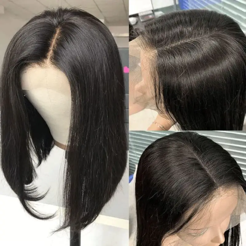 Super Double Drawn Bone Straight 4x4 Bob Wig with 100% Human Hair Nature Black 200% Density Hd Lace Wig 13X4 For Black Women