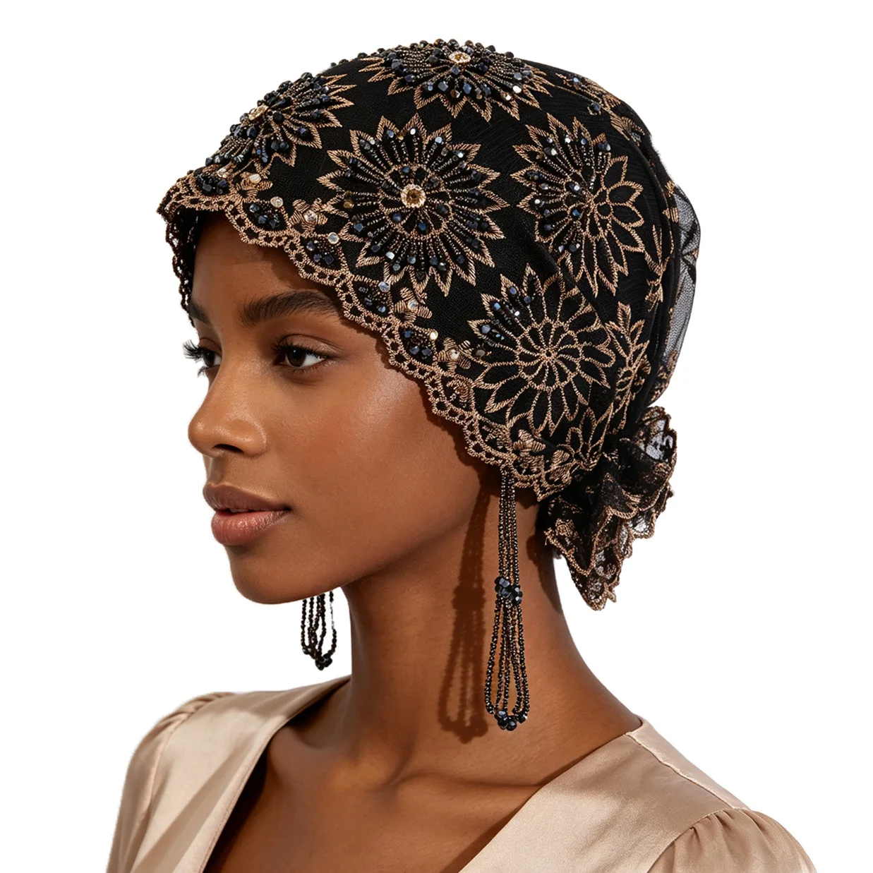 Africa Hijab for Women Sunflower Beanie with A Stylish Lace Two Layer Black White Scarf and A Head Covering Cap Good Looking