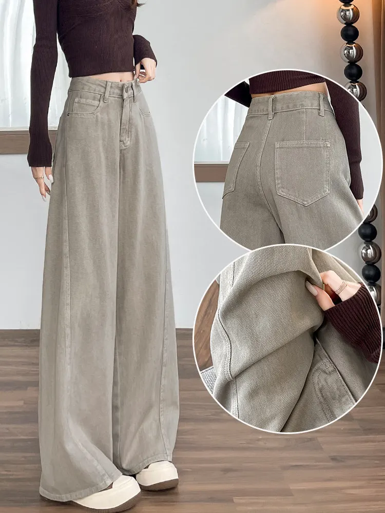 

Женские джинсы с начесом, широкие штанины, высокая талия, повседневные, удобные, дышащие, из хлопкового денима, осень-зима