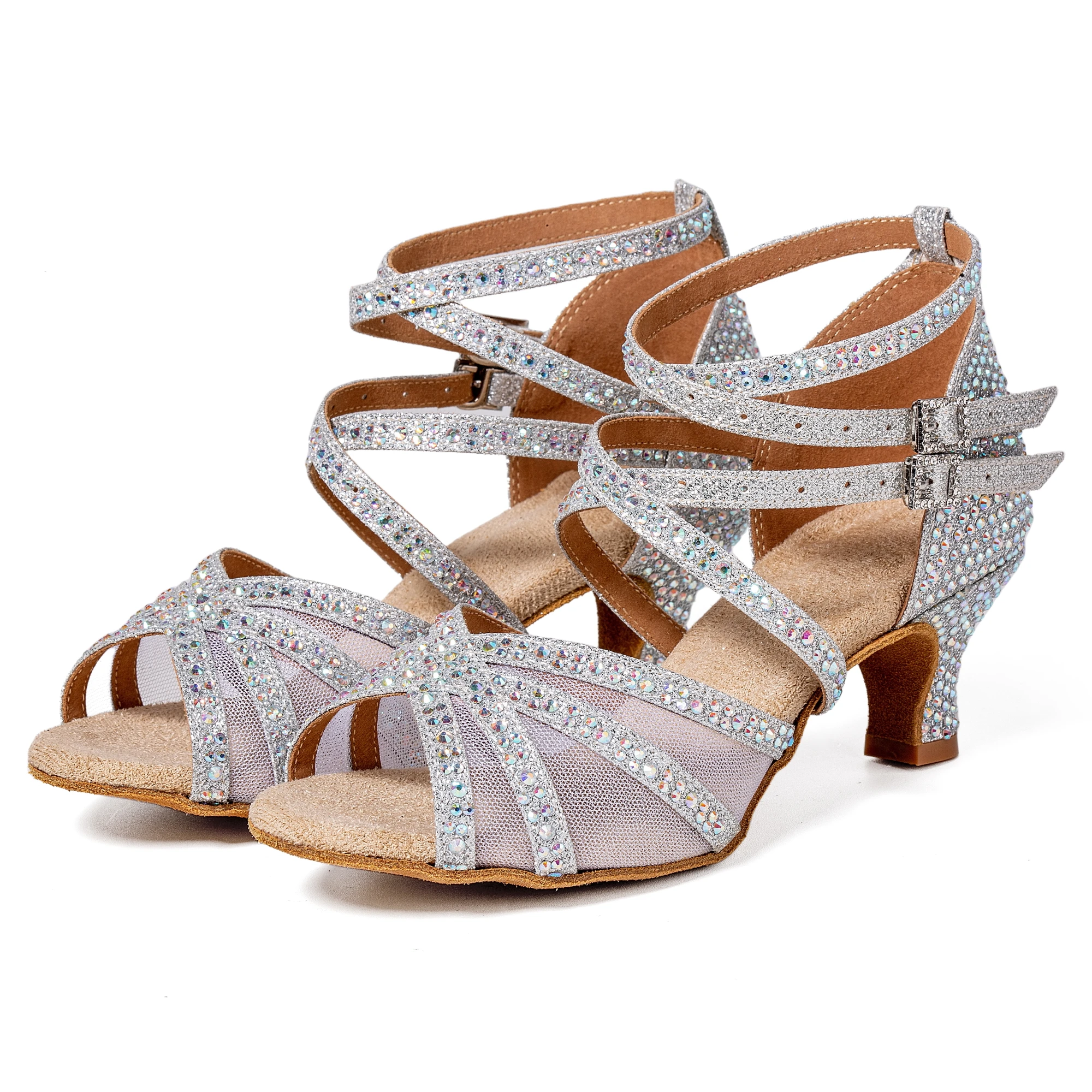 New Latin dance shoes for adult women, 5.5cm heel silver glitter four strap mesh inlaid with diamonds dance shoes, summer soft s