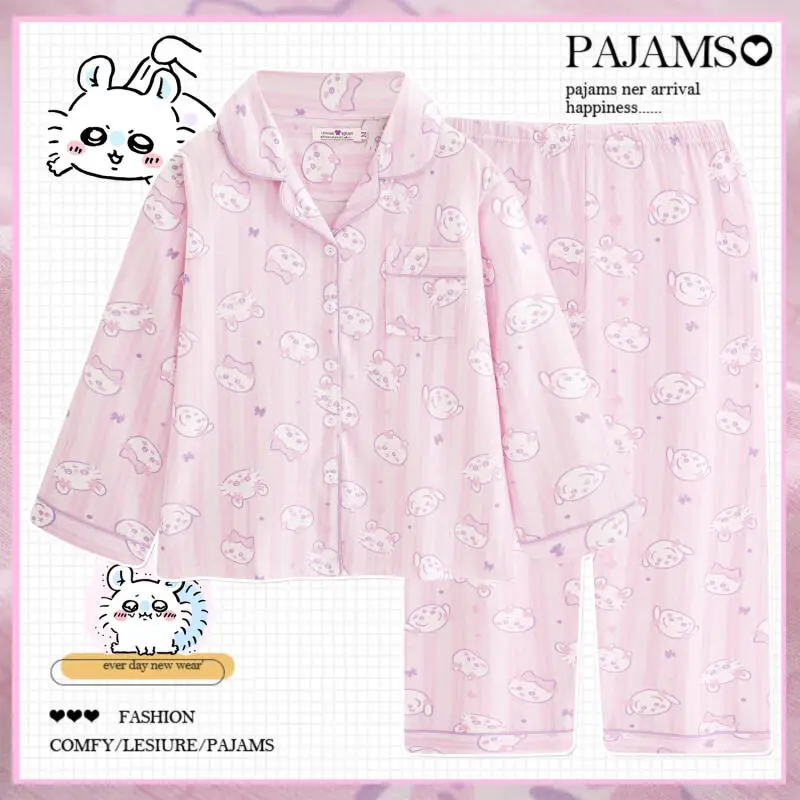 Anime Chiikawa Damen-Pyjama Usagi Nachtwäsche Hachiware Langarm-Langhosen-Set Homewear Momonga Reine Baumwolle Hauskleidung Set