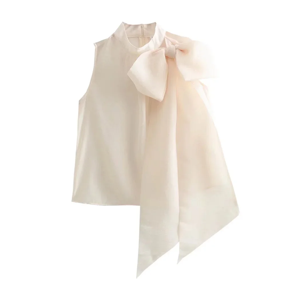 LIBIELIY LIBIELIY 2025ZAR * Spring/Summer New Women's European And American Style Outlier Off White With Large Ribbon Top