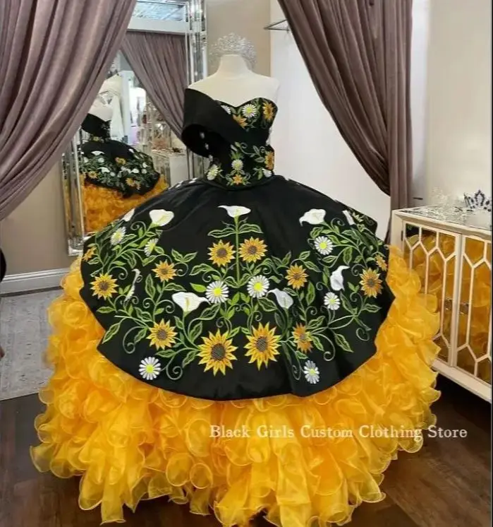 Poncho en dentelle brodée florale, robes Quinceanera, chérie mexicaine, noir, jaune, luxe chic, 15