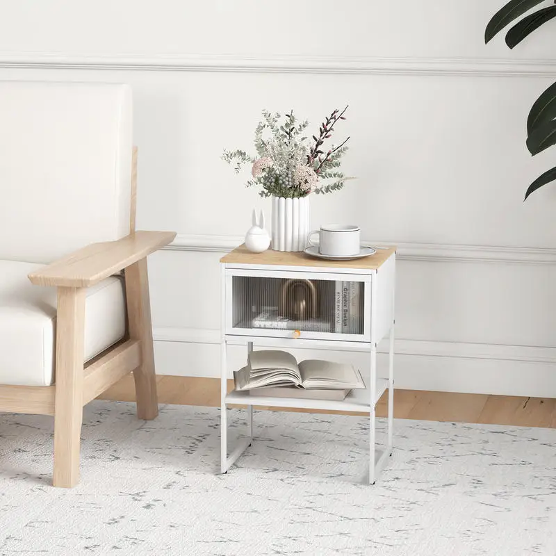 

Nightstand with Flip up Door Storage Shelf-White