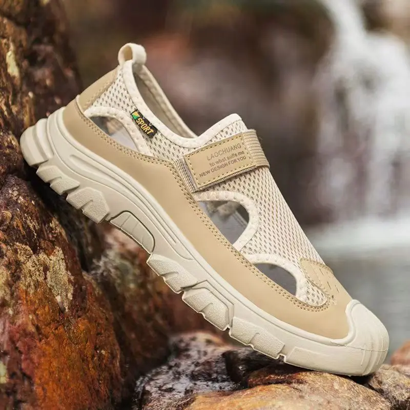 

Men's Summer Mesh Hollow Out Casual Sport Sandal Flat Sole Non Slip Round Toe Velcro Cave Shoes Outdoor Beach Sandal Wading Shoe