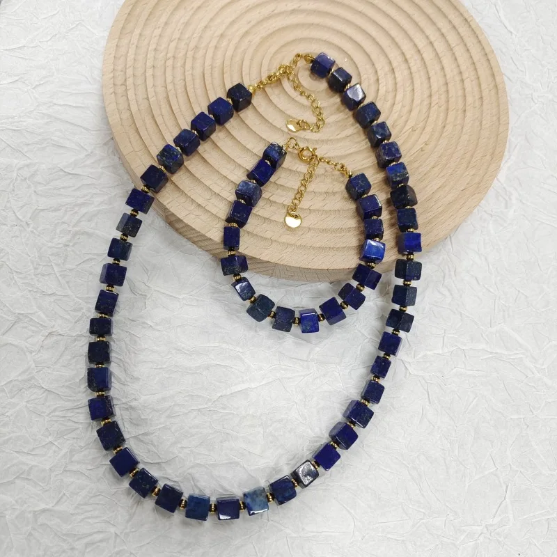 

Niche Design Individual Mediterranean Romantic Blue Natural Lapis Lazuli Square Beaded Necklace High-end Collarbone Chain