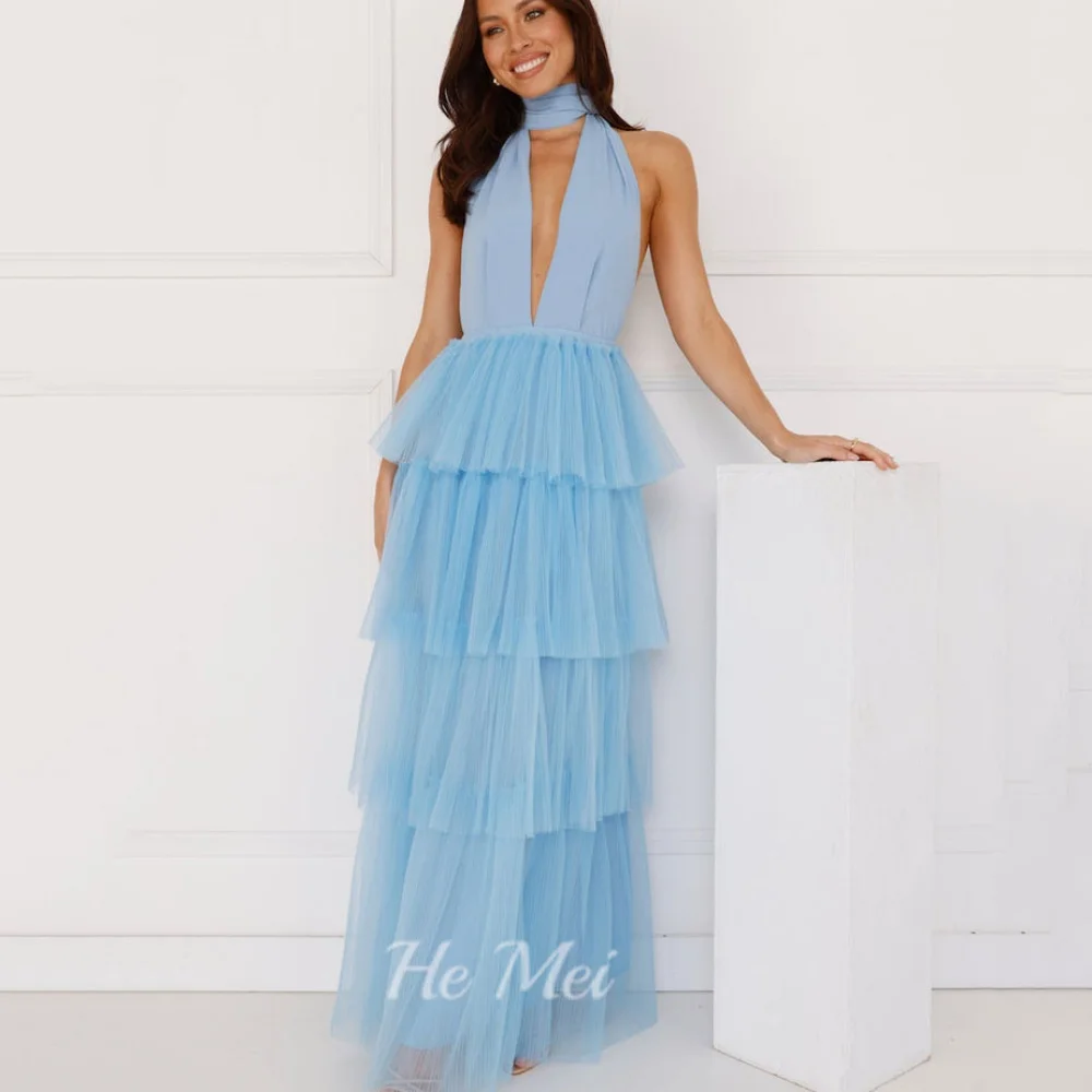 

Romantic Simple Prom Gowns Sexy Halter Backless Evening Dress A Line Tiered Party Dresses New Arrival فساتين سهرة