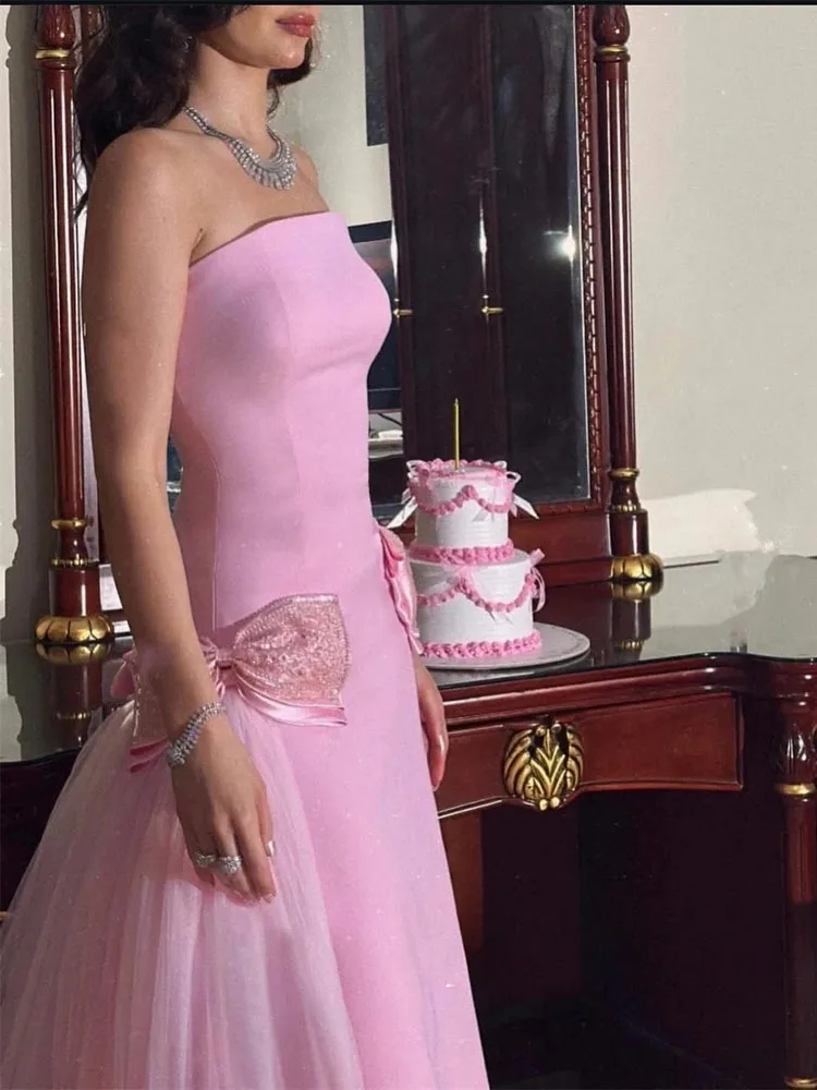 

LAYXHS Elegant Evening Dress Strapless Pink Bow Tulle A-Line Court Train Prom Dresses Customized robes de soirée