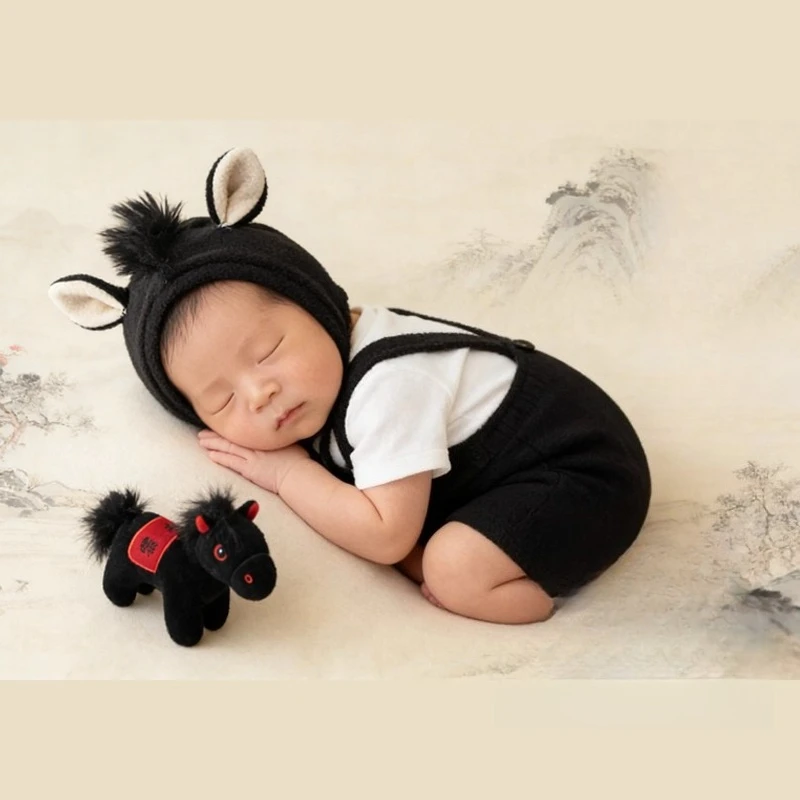 الوليد التصوير الدعائم 2026 الحصان العام الزي قبعة مع دمية لطيف 3 قطعة مجموعة الملابس والاكسسوارات الملابس لالتقاط الصور في الاستوديو #1