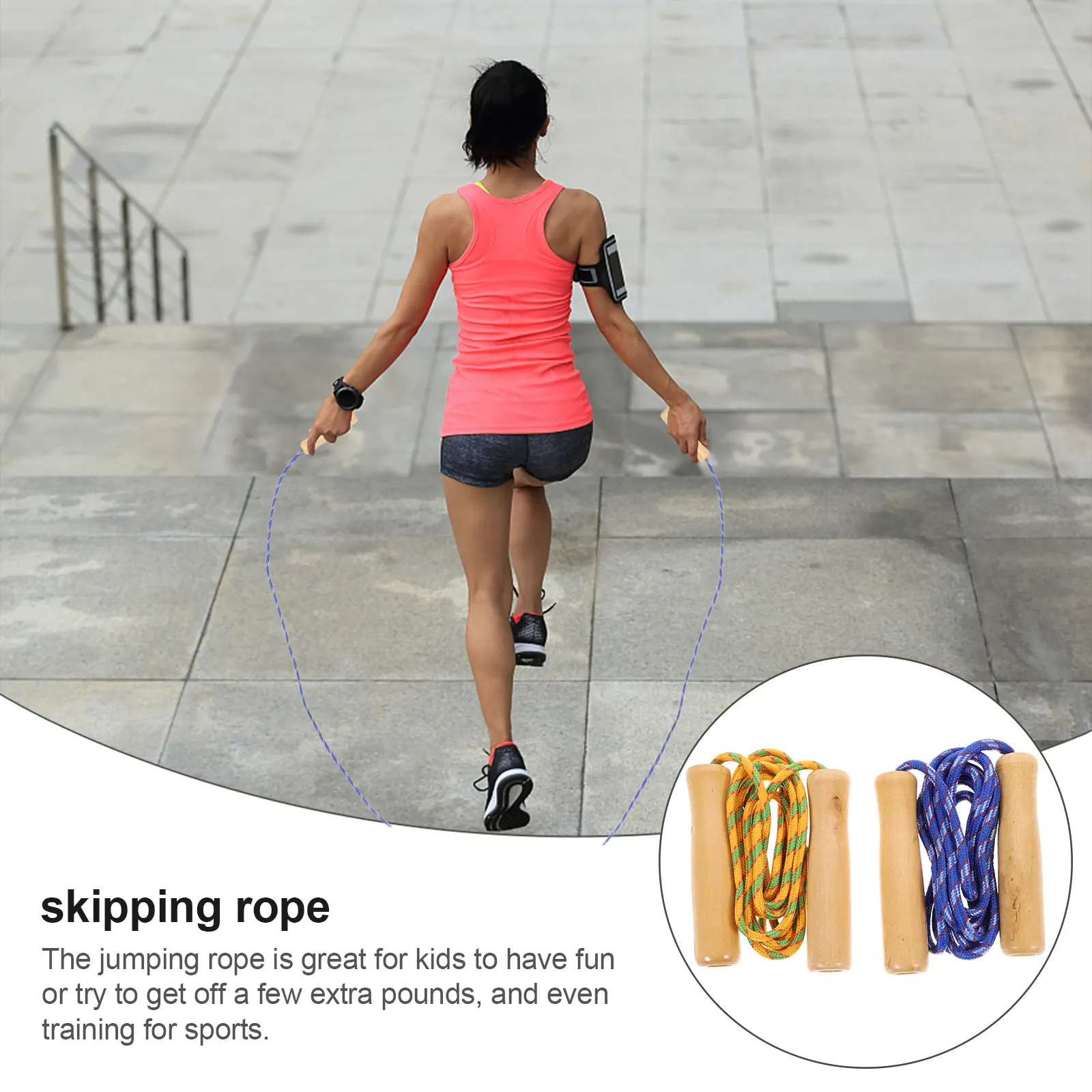 2Pcs 2.5m Kids Jumping Rope with Natural Wood Handles High Elastic Rubber Polyester Rope Non Toxic Safe for Young Jumpers Cardio