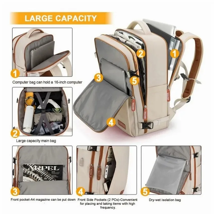 Mochila multifuncional de viagem de avião para mulheres, bolsa para laptop para bagagem, grande capacidade, mochilas expansíveis para negócios,