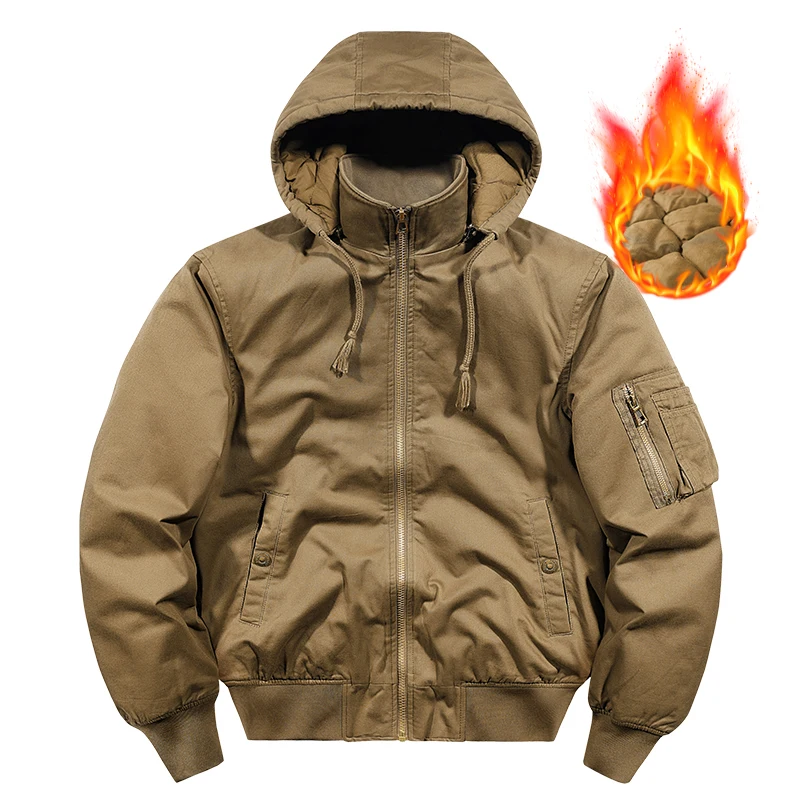 Winter New Men Cotton Jacket Men Warm Thick Windproof Coat Outdoor Pockets Tactical Zip Parkas Detachable Hat Bomber Jacket Male