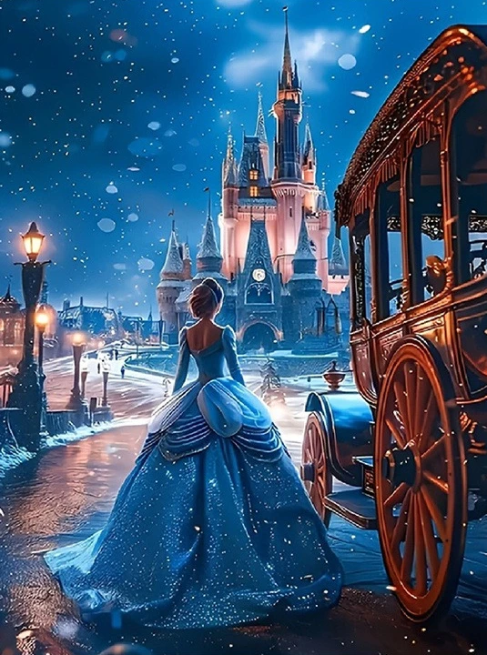 Frameless Cinderella Castle and Carriage Canvas Wall Art, Magical Princess Print for Kids Room Decor