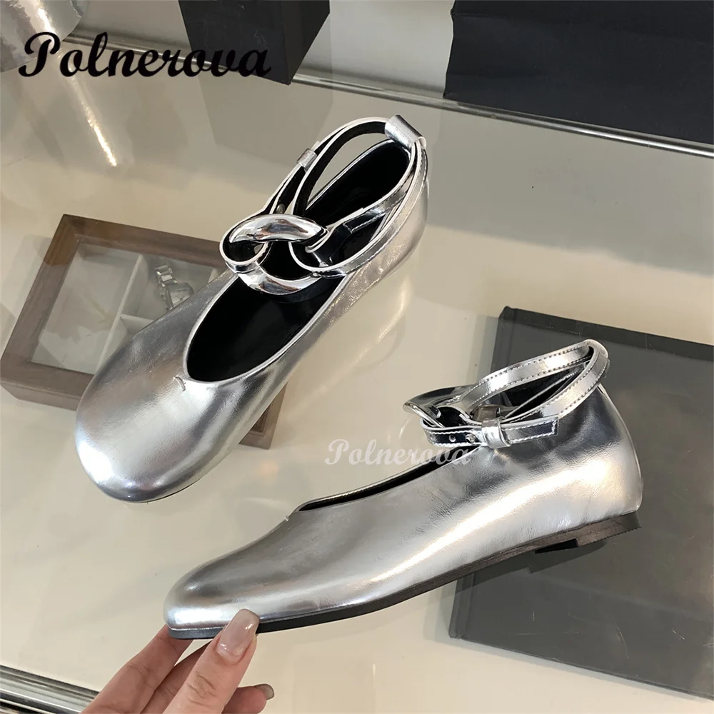 

Metal Clasp Flat Ballet Shoes Women's New Lace-Up Inside Height-Head Silver Mary Jane Single Shoes Zapatos Mujer 2024 Tendencia