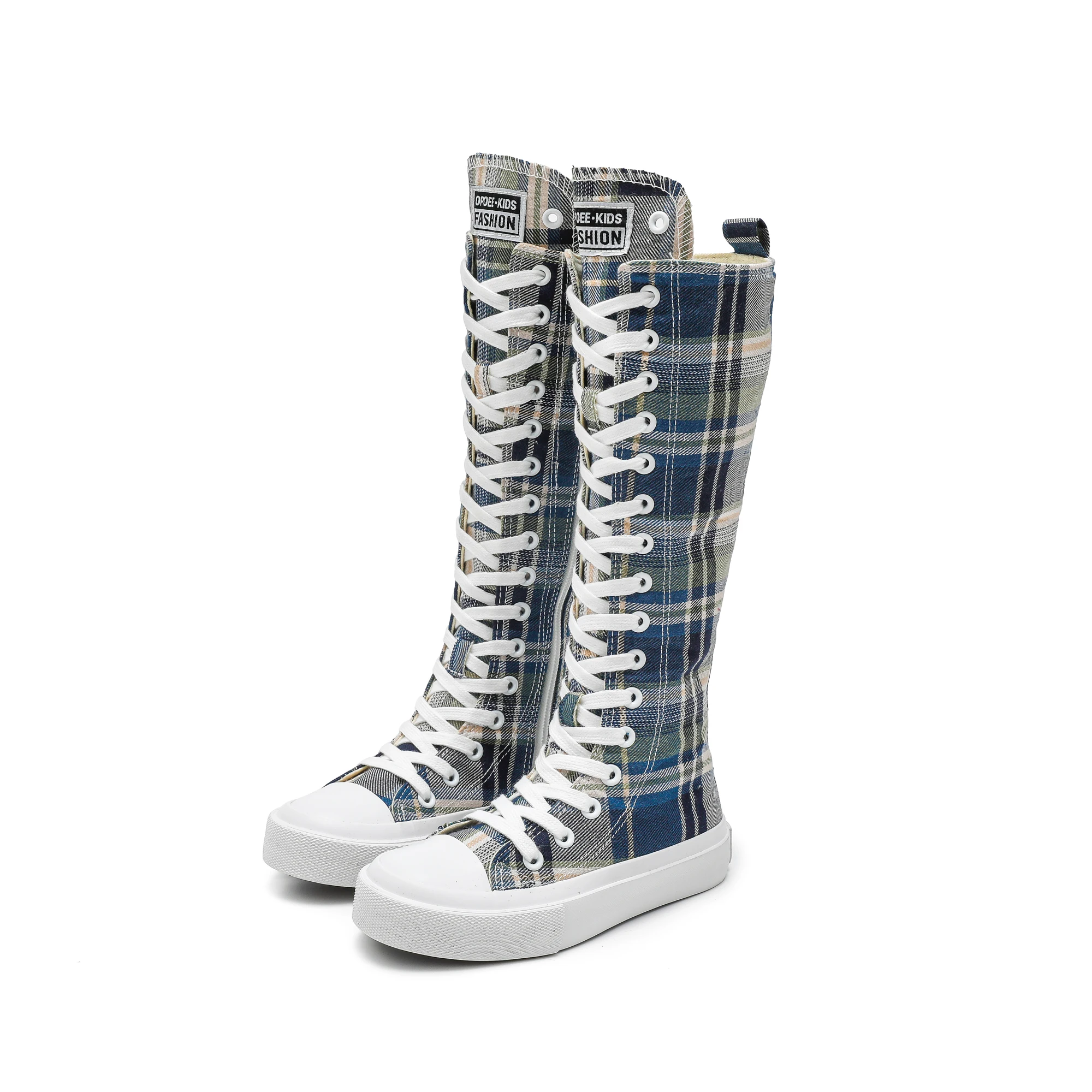 

Fashionable soft soled breathable high tube children's canvas shoes, checkered boys' and girls' boots, lace up cloth shoes, chil