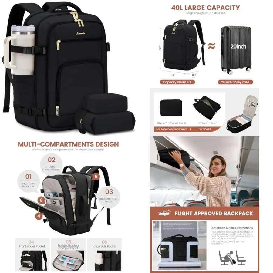 

Carry On Travel Backpack For Women Men Flight Approved, 40L Personal Item Backpack for Airplanes, Business Weekender Overnight