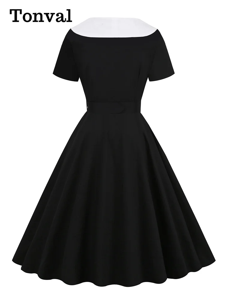 Tonval 1950s Women Vintage Summer Shawl Collar Double-Breasted Belted Elegant Dress Short Sleeve Cotton Midi Dresses 2026
